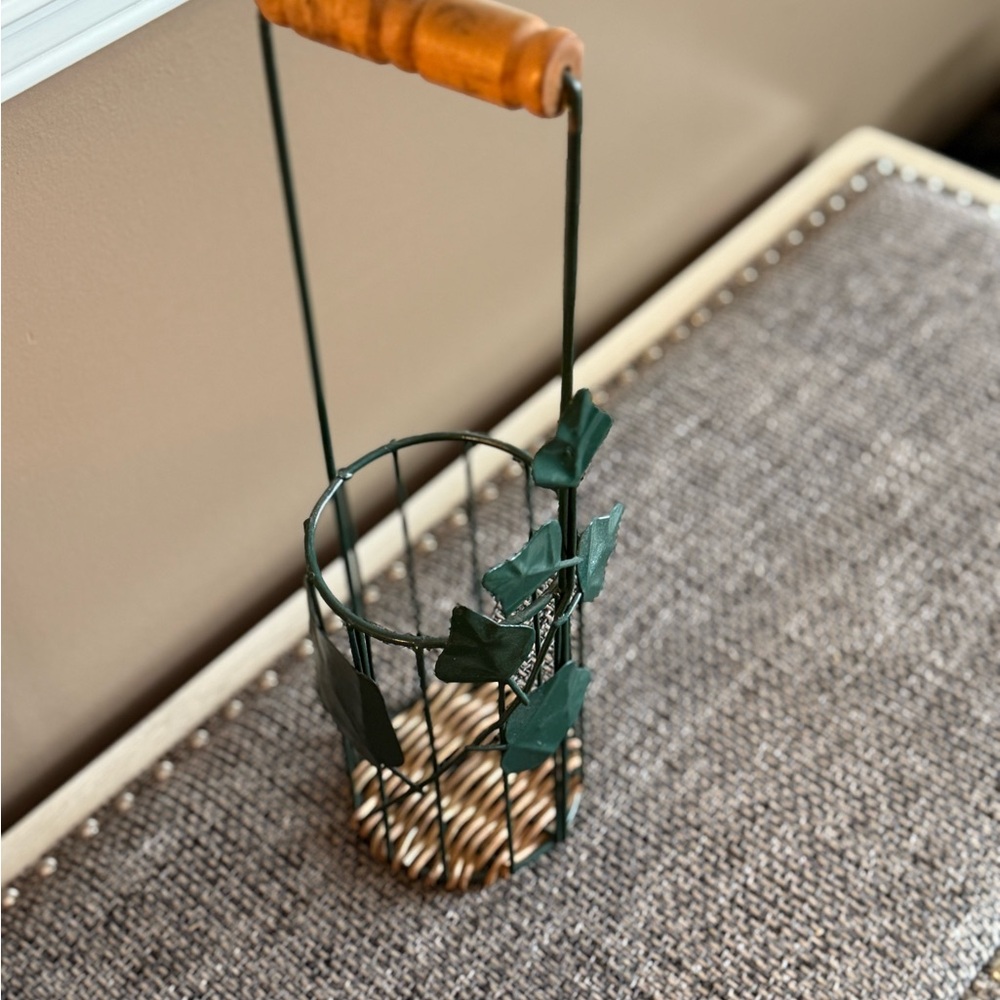 Green Metal Candle or wine Holder with Wooden Handle